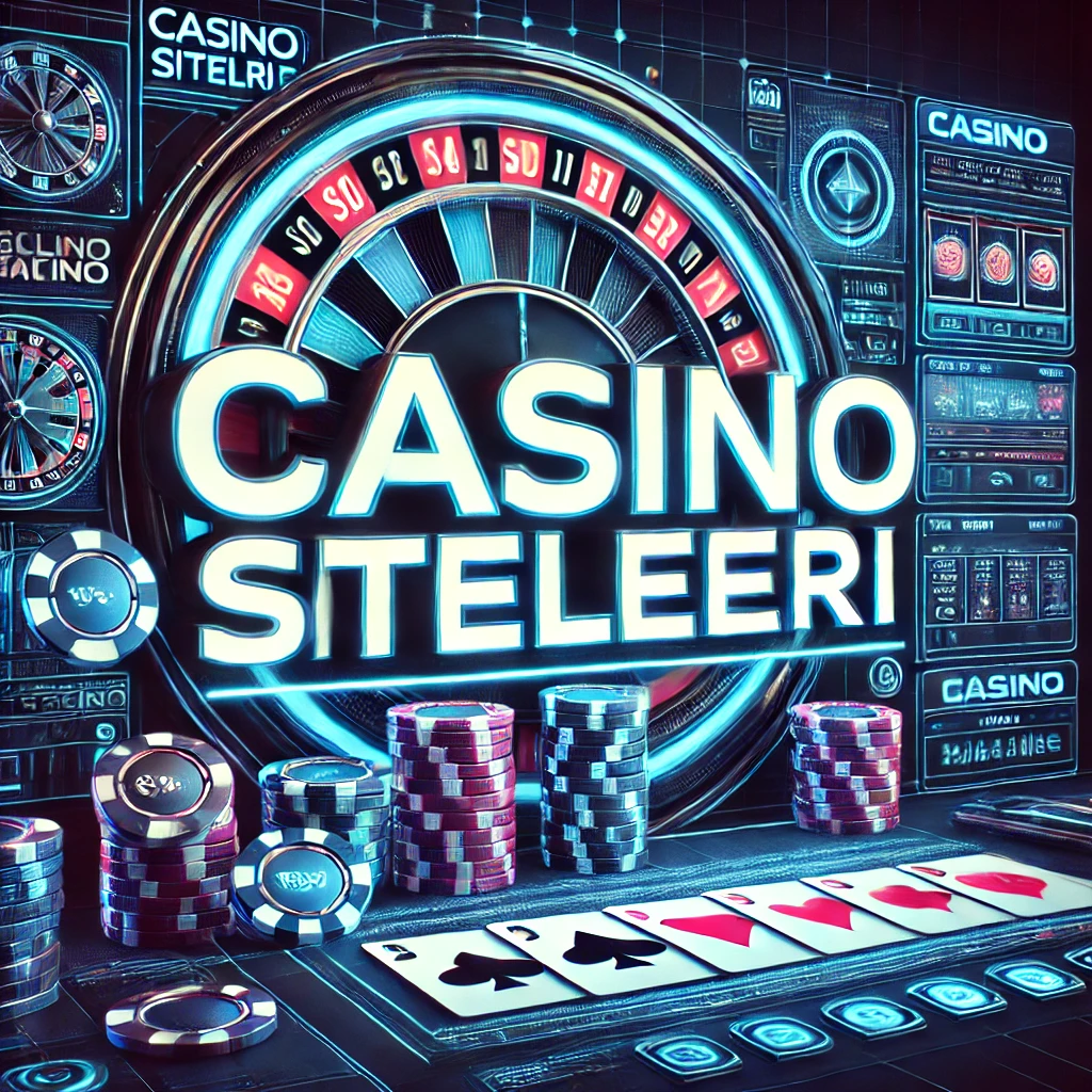 Casino Siteleri" yazılı, dijital slot makineleri, dönen rulet çarkı ve blackjack masası içeren online casino arayüzü.