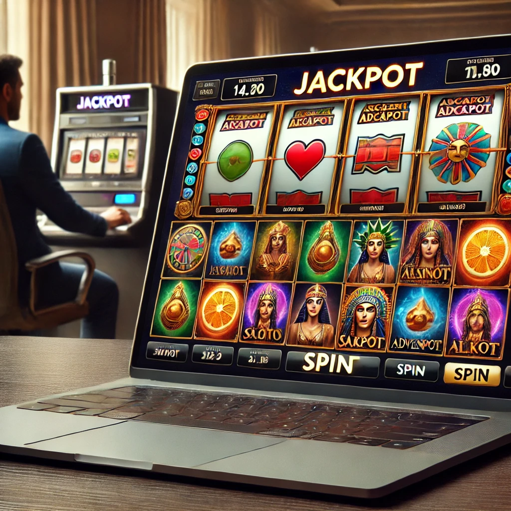 Bir çevrim içi casino sitesinde çeşitli slot oyunları açık olan bir dizüstü bilgisayar ekranı