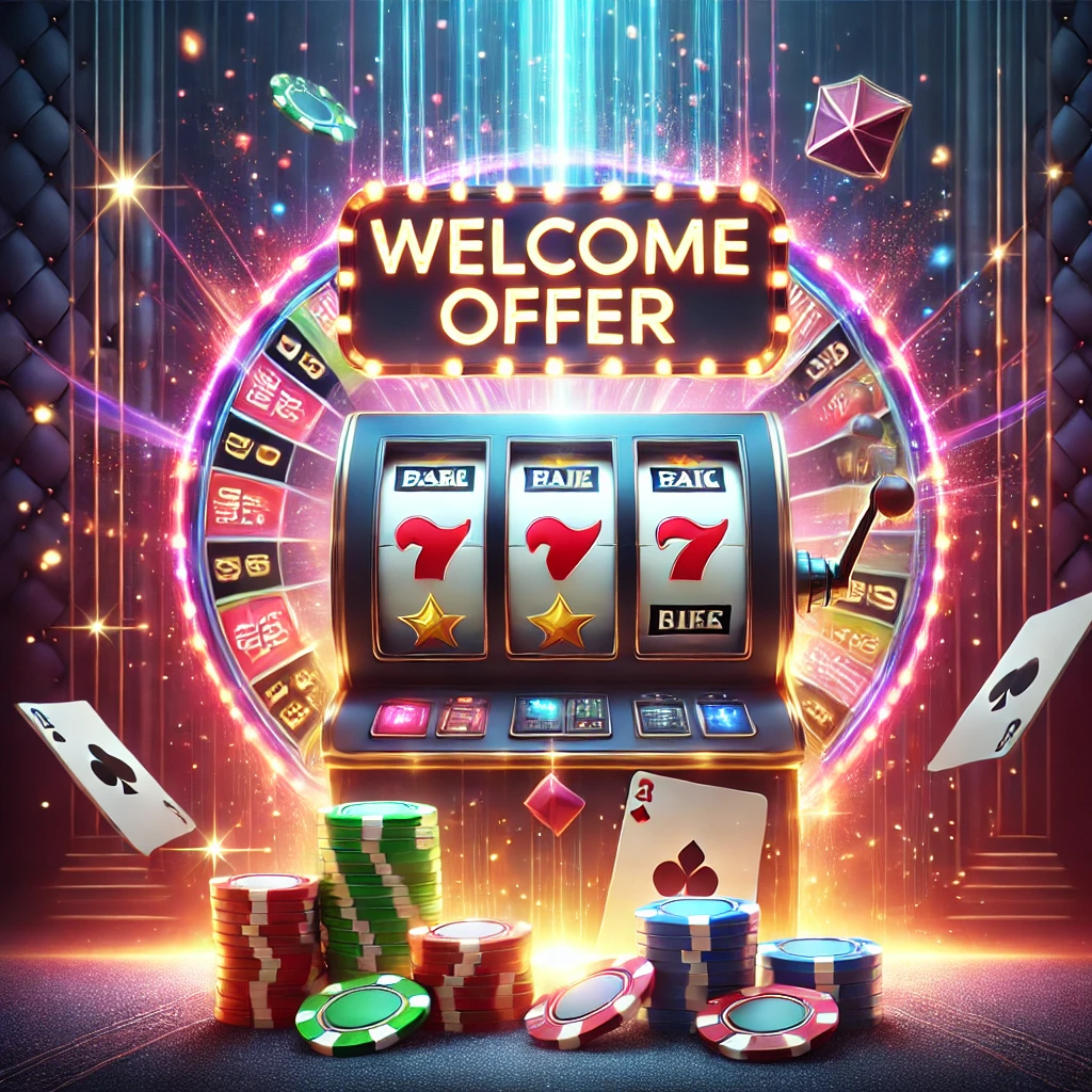 Yeni bir casino platformunu temsil eden canlı ve parlak bir sahne; slot makineleri, poker fişleri ve 'Welcome Offer' tabelası.